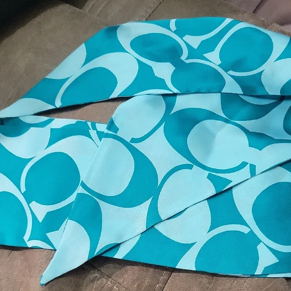Coach Teal & Aqua Signature Pattern Silk Scarf - Picture 3 of 4